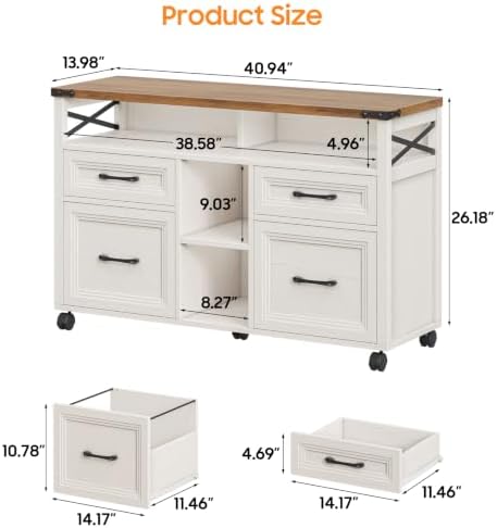 Halitaa Farmhouse Filing Cabinet with Adjustable Shelf & Wheels, Off White - Image 2