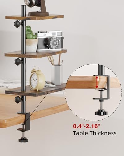 3 Tiers Clamp On Desk Shelf, 360° Angle Adjustable Desktop Shelf Organizer for Home Office Gaming Room, No Drill Desk Extender Adapt to 0.4-2.16 inches Table Thick, Black Brown - Image 6