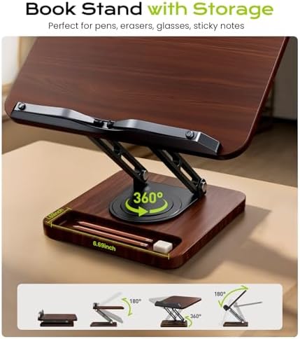 LOXP Book Stand with Storage, 360° Rotating Cookbook Stand, Ergonomic - Image 5