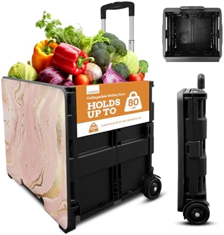 Inspired Living Collapsible Ultra-Slim Pack-N-Roll,2 Wheel Utility Cart w/Lid Used as Seat up to 250 Lbs, Telescopic Handle, Super Strong, for Home,Garden,Shopping,Office,School, Large, Pink Marble by Inspired+Living