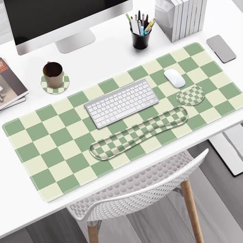 Large Gaming Mouse Pad Set, 4 in1 Ergonomics Keyboard Desk Mat with Memory Foam Wrist Rest, Extended Game Mousepad, Non-Slip Desk Pad Matt Easy Typing Pain Relief I Green Checkered - Image 2