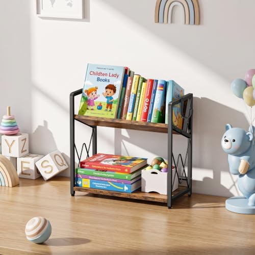 Desk Shelf Organizer, 2 Tier Desktop Bookshelf, Wooden Tabletop Bookshelf - Image 6
