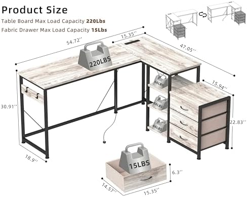 YOSHOOT 55" L Shaped Computer Desk with 3 Fabric Drawers, Gaming Desk - Image 2