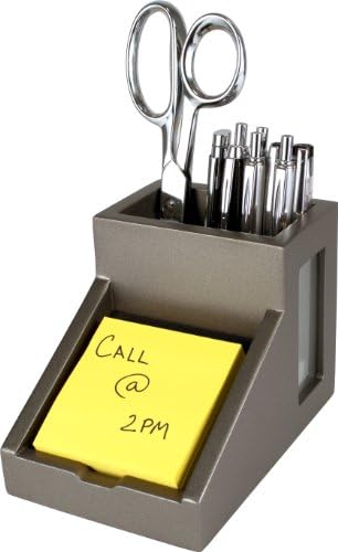 Victor Desk Pencil Cup With Angled Note Holder, Frosted Glass Window Desktop Organizer for Pens, Pencils, and Notes, 4.1 x 6.1 x 4.5-Inches, Matte Silver by Victor