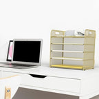Sinboun Letter Tray Paper Organizer 5-Tier Desk Organizer File Organizer Paper Holder with Handle, Metal Desktop Document Shelf Tray Office Classroom Organization - Gold - Image 4