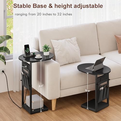 Vagusicc C Shaped End Table with Charging Station, 32" Tall Side Table for Couch and Recliner, Adjustable Height Small Couch Side Table Slide Under Sofa TV Tray Table for Living Room, Bedroom, Black - Image 7