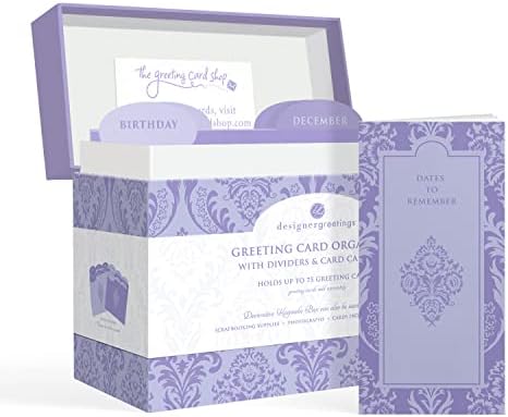 Designer Greetings Greeting Card Organizer Box with Dividers and Calendar, Decorative Lavender Damask Pattern (9.5” x 7.25” x 6”, Holds Up to 75 Greeting Cards), purple - large (711-00005-0000) by DesignerGreetings