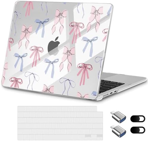 for New MacBook Air 13 inch Case 2026 M5 2025 M4 2024 M3 M2 Chip– Aesthetic Lightweight Cute Design Clear Hard Shell 6-in-1 Bundle with TPU Keyboard Cover & 2X OTG Adapters, Pink Bow by Loyrina