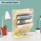 EASEPRES Desk File Organizer Mesh 6-Tier, Hanging Wall Mount Document Organization Stand, Desktop Vertical Mail Paper Folder Holder Rack with Bottom Tray for Office Home Cubicle Countertop, Gold - Image 4