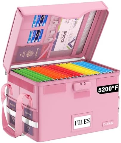 DocSafe 5200°F Fireproof Document Box with Lock,Heat Insulated File Organizer Storage with Pockets,Collapsible Portable Home Office File Safe Box with Handle for Hanging Letter/Legal Folders, Pink by DocSafe