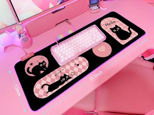 JMIYAV Pink RGB Gaming Mouse Pad 31.5x12 Inch PC XL Large Extended Glowing Led Light Up Desk Pad Non-Slip Rubber Base Computer Cute Mousepad Mat Desk Accessories Gaming Setup Hello Cat - Image 5