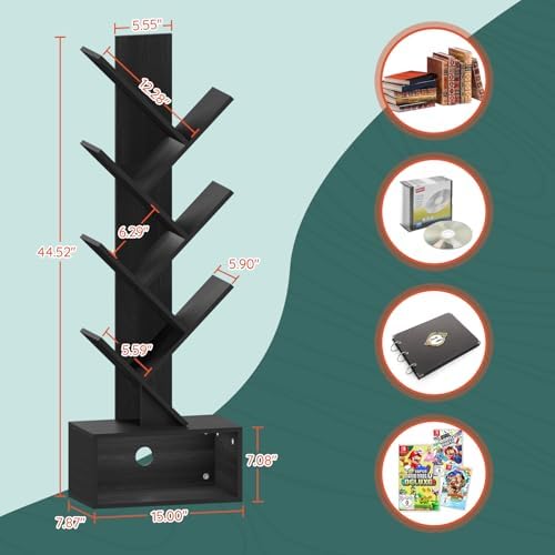 Yoobure Tree Bookshelf, 6 Tier Small Book Shelf Retro Floor Standing Bookcase, Wood Book Storage Organizer Rack, Tall Narrow Bookshelves for Corner/Bedroom/Living Room/Home Office, Black - Image 3
