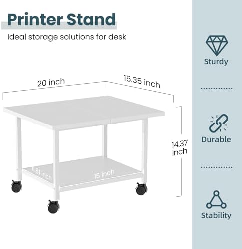 SwaaVee Printer Stand, 2-Tier Under Desk Printer Stand, Printer Cart with Wheels for Home, Office, Heavy-Duty Storage Shelf, White - Image 2