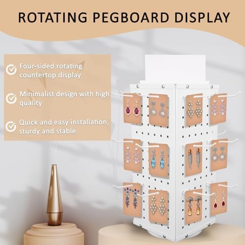 Rotating Pegboard Display Stand With 24 Hooks, 4-Sided Metal Spinning Peg Board Display 7.4"x7.4"x17" Spinner Pegboard Carousel Craft Rack Organizer (White) - Image 2
