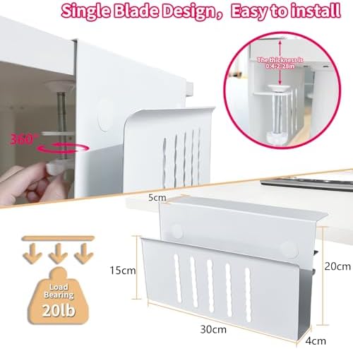 Desk Side Storage, Under Desk Storage, No Drill Steel Hanging Desk Organizer, Laptop Holder, Table Hanging Storages Holder for Office & Home (White) - Image 3