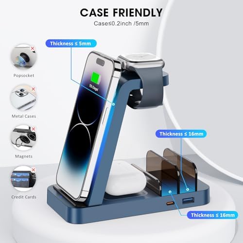 Wireless Charger for iPhone - 5 in 1 Charging Station for Multiple Devices Apple: Fast Wireless Charging Stand Dock for iPhone 17 16e 16 15 14 13 12 Pro Max Apple Watch Airpods(Blue) - Image 6