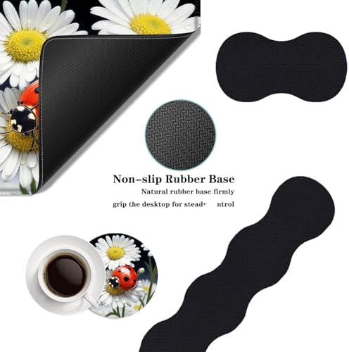 Mouse Pad,Large Desk Mat Set, 4in1 XL Mousepad + Keyboard Wrist Rest+Mouse Wrist Rest+Coaster with Ergonomic Desk Pad for Home Office Table Computer Cover -Ladybug on Daisy Flower - Image 2
