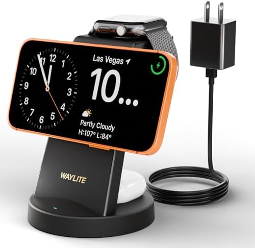 3 in 1 Fast Charging Station for iPhone, 25W Wireless Magnetic Phone Charger for iPhone 17 16e 16 15 14 13 12 Serise, Watch Charger Stand, Wireless Charging Station for AirPods 4 3 Pro, Dark Black by WAYLITEWirelessCharger
