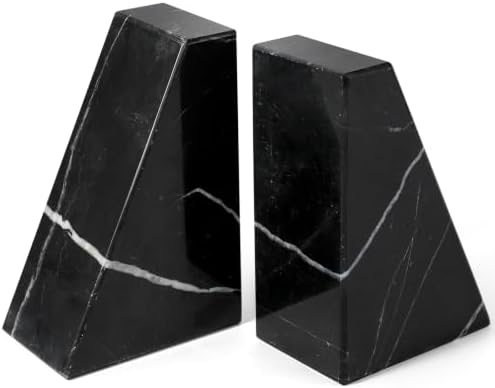 Koville Marble Bookends for Shelves, Natural Stone Book Ends for Large Books, Heavy Duty Bookends, Decorative Bookends for Office Home Kitchen Decor, Unique Modern Book Ends(Black) by Koville