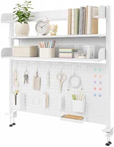 Clamp-On Desk Hutch with Pegboard, 39.5 x37.5in 2-Tier Desktop Organizer Shelf, Carbon Steel Frame with 2 Shelves and Pegboard Storage, for Office, Dorm, Study by Unknown