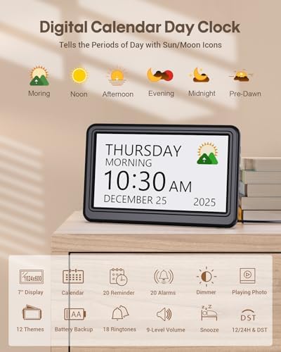 Clock with Day and Date for Elderly,7" Large Display Digital Calendar Clock - Image 2