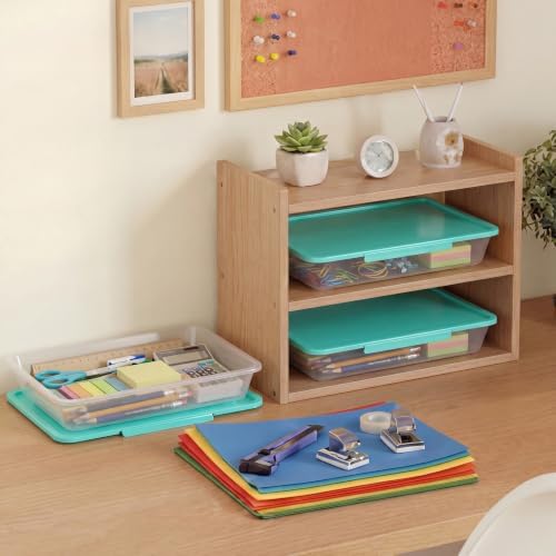 Tinlade 12 Pack Classroom Clear Paper Storage Bins with Lids, Teal - Image 6