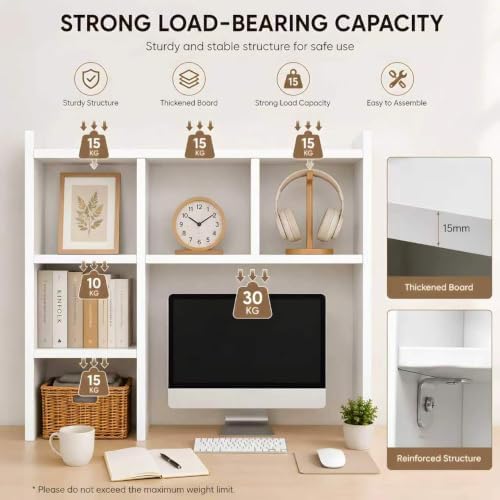 White Desk Hutch Dorm, Desktop Bookshelf with 5 Shelves - Image 5