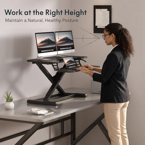 FLEXISPOT 32" Standing Desk Converter, Space-Saving Desktop Riser for Home Office, Sit Stand Computer Workstation for Laptop & Dual Monitor Setup, Black - Image 5