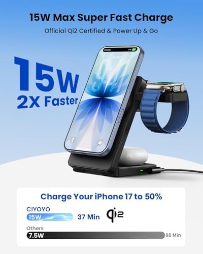 Magnetic Wireless Charging Station for Apple: Upgraded QI2 Certified 15W 3-in-1 Magsafe Wireless Charger Stand, Foldable Travel Fast Charger for iPhone 17 16 15 14 13 12 Series, Apple Watch, AirPods - Image 6