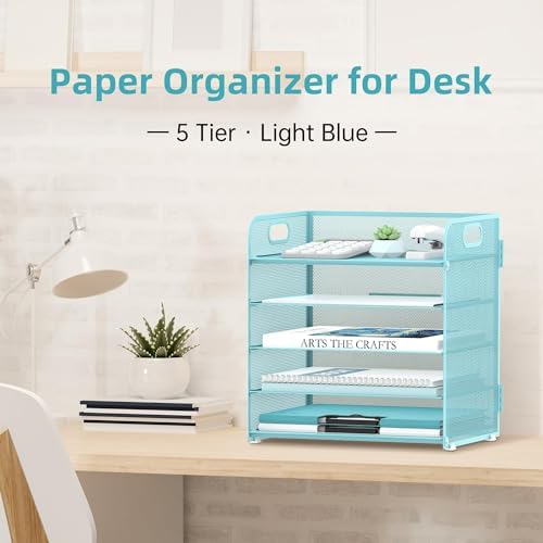 2 Pack 5-Tier Blue Desk Organizer with Handle Mesh Desk File/Paper Organizer Letter Tray for Office, School and Home Easy Installation - Image 2