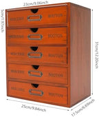 Vintage Wooden Drawers Organizer, 16-Drawer Desktop Storage Box With Drawers, Iron Label Holders, Apothecary Cabinet For Countertop Tea Coffee Pod Storage(5-Drawer/Brown) - Image 3