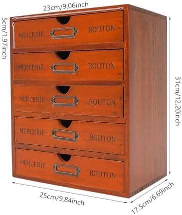 Vintage Wooden Drawers Organizer, 16-Drawer Desktop Storage Box With Drawers, Iron Label Holders, Apothecary Cabinet For Countertop Tea Coffee Pod Storage(5-Drawer/Brown) - Image 3