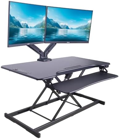Rocelco 46" Electric Standing Desk Converter with AC Outlet USB Charger and Dual Monitor Arm Mount - Motorized Adjustable Sit Stand Riser - Tabletop Workstation Keyboard Tray - Black (R EDRB-46-MA2) - Image 2