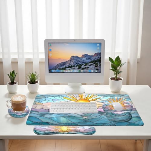 Boho Sun Desk Mat Set Stained Glass Sea Coastal Sunset Large Mouse Pad with Wrist Rest 4in1 Desk Mat for Desktop Ergonomic Computer Desk Arm Wrist Anti-Slip Computer Mouse Pad Home Office Gaming - Image 6