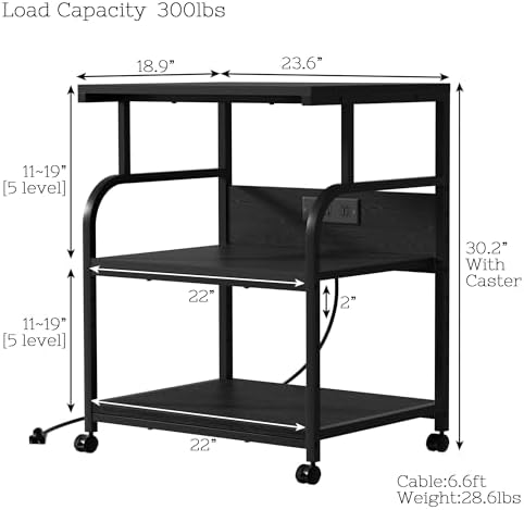 VECELO Adjustable Large Printer Stand with Power Outlet, 3-Tier Heavy Duty Cart on Lockable Wheels, Office Storage Table for Home Office, 3D Printer, Fax Machine, Scanner, Classic Black - Image 2