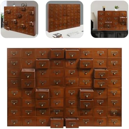 Vintage 64-Drawer Wooden Drawers Organizer, Stackable or Standalone Desktop Medicine Cabinet Organizer with Drawers & Labels Herbal、Tea Bag、Jewelry (Log Color) by Unknown