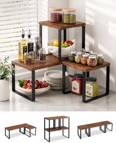 Countertop Organizer Corner Shelf, Wooden 2 Tier Stackable Kitchen Counter Shelves with Non-Slip Pads, Adjustable 3-Piece Desktop Corner Shelf for Desk, Kitchen, Bathroom, Coffee Corner by Unknown