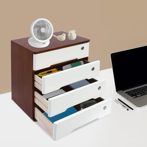 4 Drawers Wooden Desktop Storage Box W/Lockable Drawers,16 In H Office Supplies File Organizer, Flat File Cabinet,Wood Rail & Curved Handle For Dresser Tabletop. (Walnut + White) - Image 5