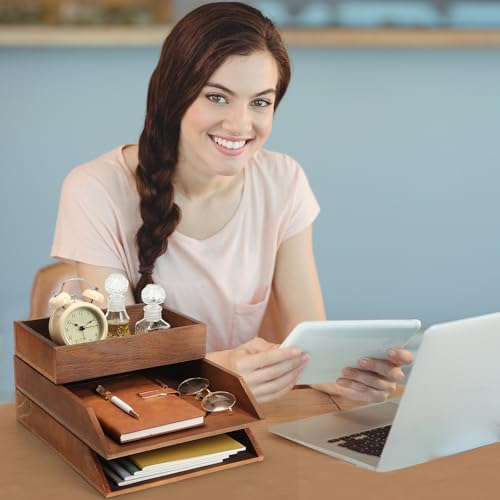 Beeveer 3 Pcs Wooden Letter Tray Stackable 3 Layer Paper Tray, Brown - Image 6