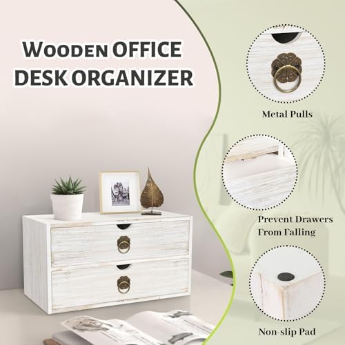 Wood Desk Organizer, White Wooden Desktop Organizer with Drawer, Tabletop Storage Organization Box for Countertop, Home Office Supplies, Bills (2 Drawer) - Image 5