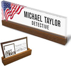 Artblox Personalized Office Desk Name Plate With Business Card Holder | Clear Acrylic Glass with Teak Wood Stand | Us Flag Design Customized with Your Name and Credentials Office Desk Décor by Artblox