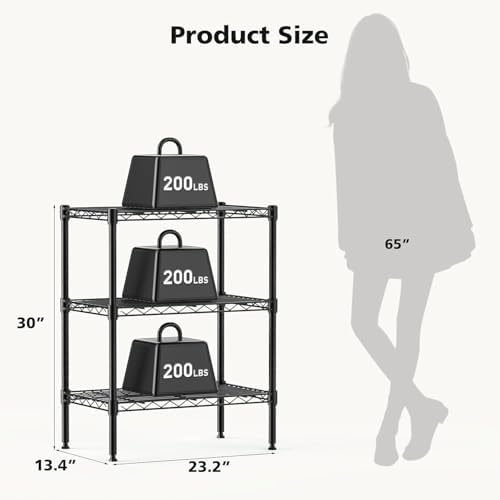 HealSmart 3-Tier Metal Wire Storage Shelves, Adjustable Standing Storage Rack Shelf, Heavy Duty Steel Shelving Unit Organizers for Kitchen Bathroom Pantry Garage, 23.2" W×13.4" D×30.3" H, Black - Image 3