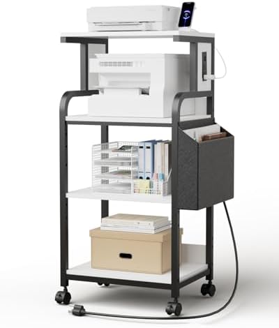 Tall Printer Stand with Charging Station, 4-Tier Mobile Cart, White by DONGRONG