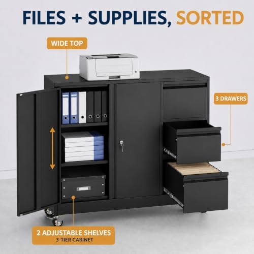 3 Drawer File Cabinet, Office Rolling Filing Cabinet, Printer Stand - Image 4