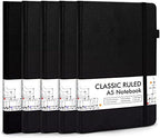 5 Pack Journal Notebook Bulk for School, Feela Hardcover Business Notebooks Classic Ruled Lined Journals with Pen Holder for Work Note Taking, with 5 Black Pens, 120 GSM, 5.1”x8.3”, A5, Black by feela