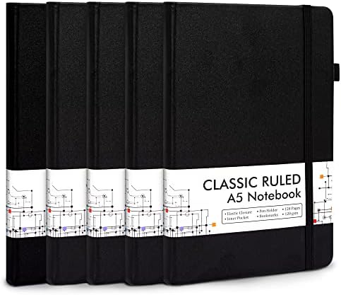 5 Pack Journal Notebook Bulk for School, Feela Hardcover Business Notebooks Classic Ruled Lined Journals with Pen Holder for Work Note Taking, with 5 Black Pens, 120 GSM, 5.1”x8.3”, A5, Black by feela