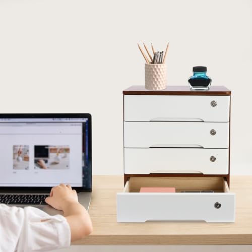Wooden Desktop Storage Box with Lockable Drawers, Flat File Cabinet Drawer Desktop Storage Box, Countertop Storage Cabinet for Office Home Toiletries Supplies Vanity (walnut+white, 4 Drawer) - Image 2