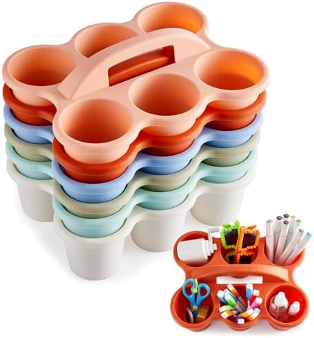 party greeting 6 Pack Classroom Caddy with Handle Plastic Storage Table Caddy Organizer with 6 Compartments Morandi Cup Caddy Organizer for Table Crayon Pencil Office School Supply by partygreeting