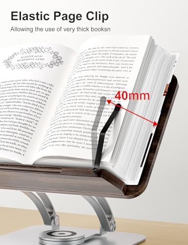 Tounee Book Stand for Reading, Adjustable Book Holder with 360° Swivel Base, Foldable Cookbook Stand Recipe Book Holder with Elastic Page Clips for Music Scores, Recipe, Tablet, Laptop-Silver - Image 4