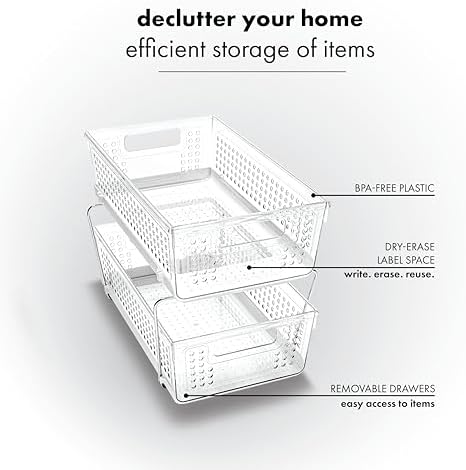 madesmart 2 Tier Organizer, Multi-Purpose Slide-Out Storage Baskets with Handles, Pack of 2, Plastic, Clear - Image 2